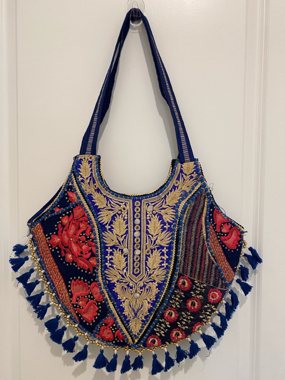Embroidered Blue Tassel Boho Shoulder Bag